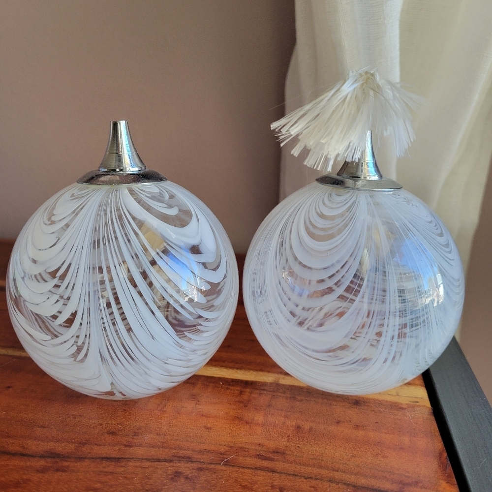 Hand-Blown Swirled White Glass Oil Lamps with Vintage Metal Wick Holders Set TWO